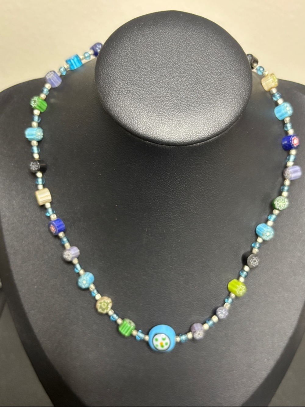 Vintage Art Glass Multicolor Millefiori Floral Blue Beaded Strand Necklace